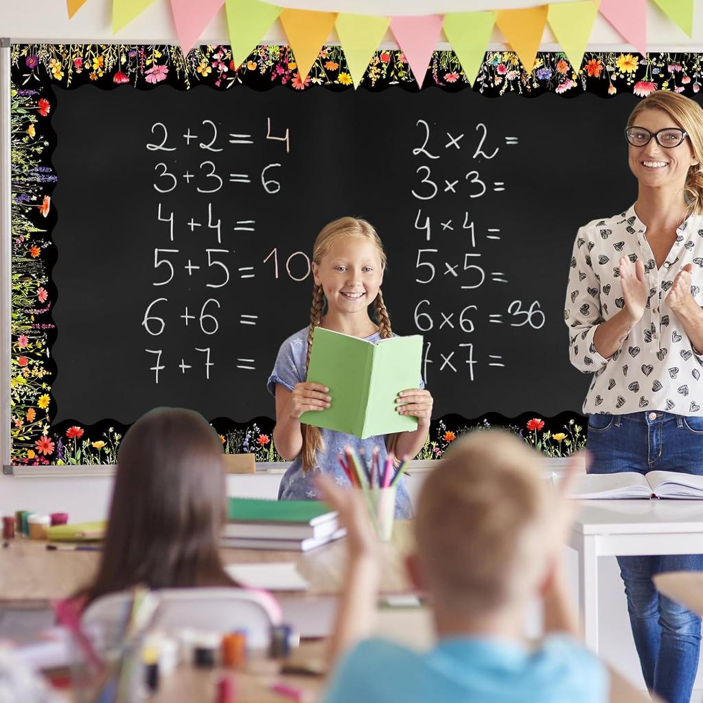 60 Pcs Floral Bulletin Board Borders Black Wild Flower Scalloped Self-Adhesive Border Trim Sticker Decals for Home Classroom Spring Party Wall