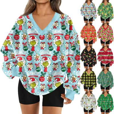Женский модный пуловер с V-образным вырезом, рождественским принтом, длинным рукавом, повседневный, плюшевый, теплый, с карманом, толстовка, топ