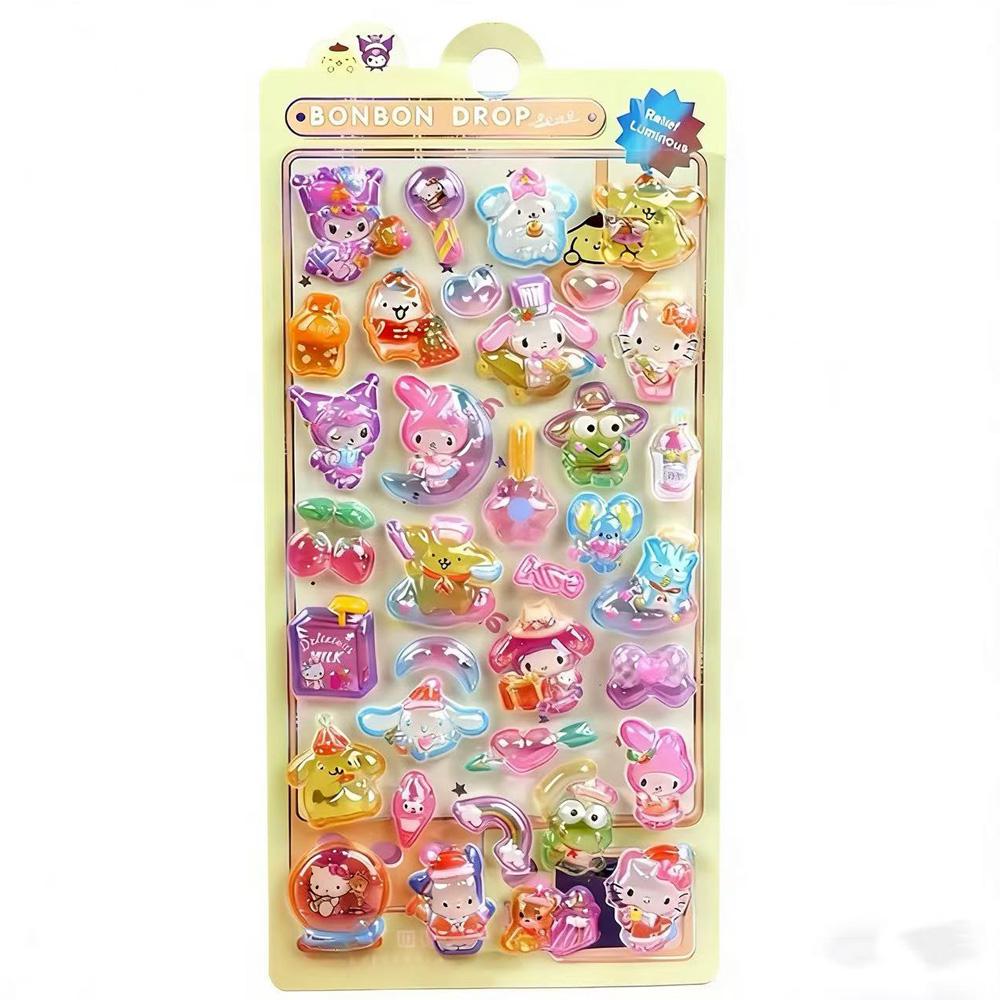 Светящиеся милые 3D рельефные наклейки Sanrio Кавайные для девочек Куроми Циннаморолл Моя Мелоди Хрустальные наклейки Наборы наклеек для детского декора