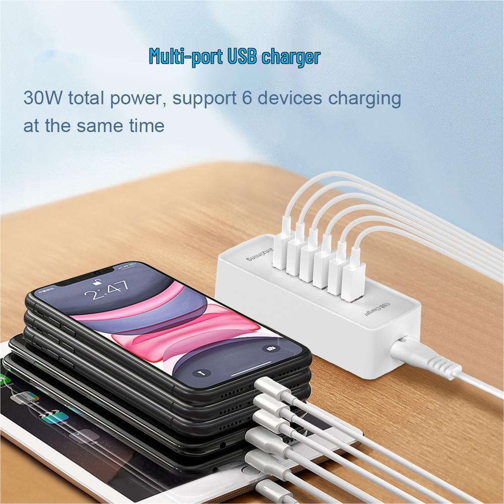 30-ваттное многопортовое 6-портовое USB-быстрое зарядное устройство (5В 2,4А) для мобильных телефонов и планшетов