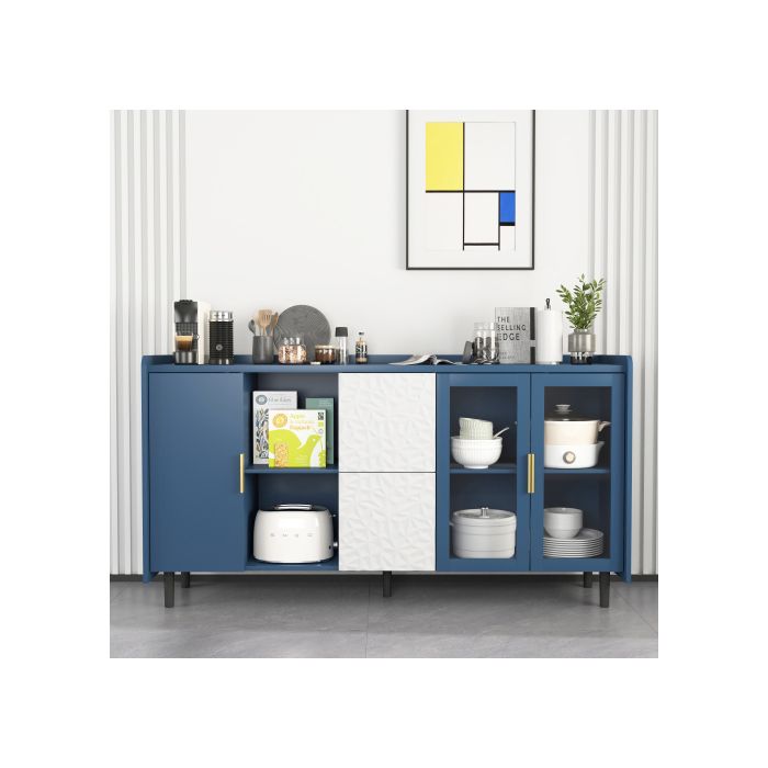 Armoire de rangement de 55 pouces comprenant deux tiroirs, deux compartiments de rangement ouverts et deux portes vitrées.