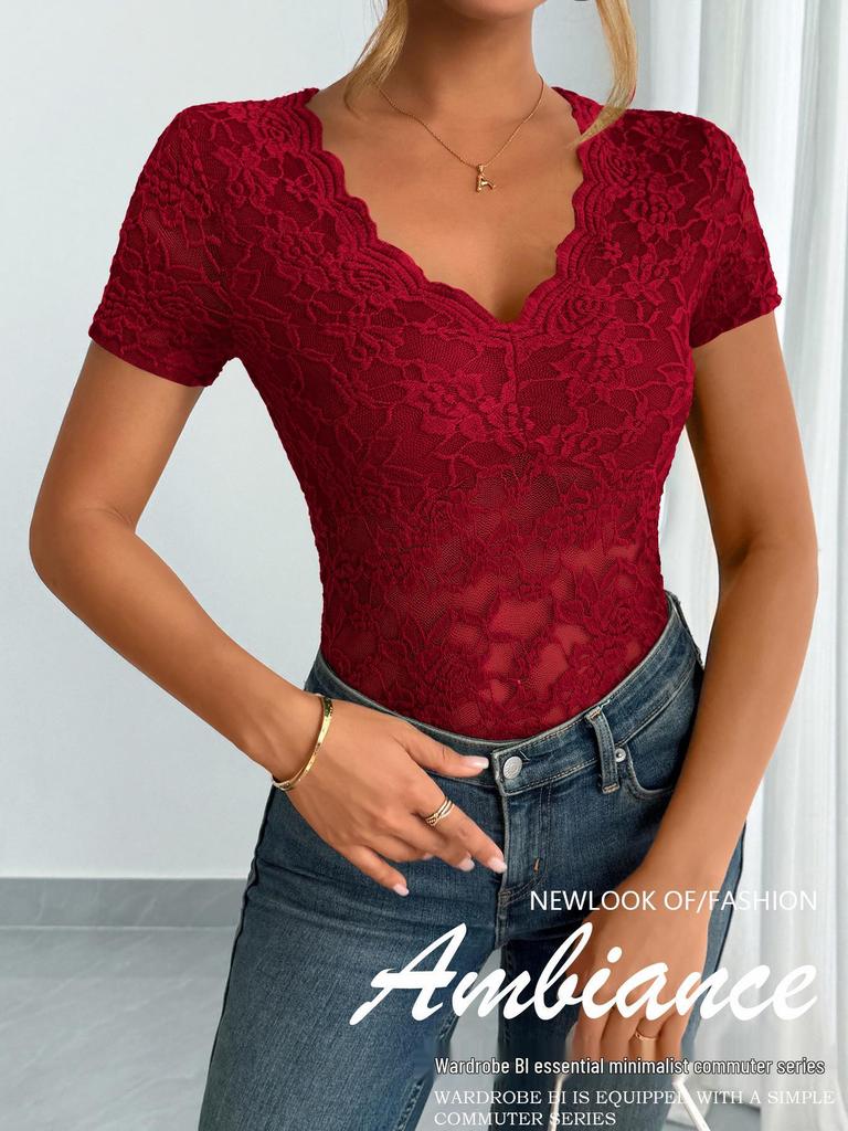 2025 Spring/Summer Women's Sexy Lace V-neck Short Sleeve Top