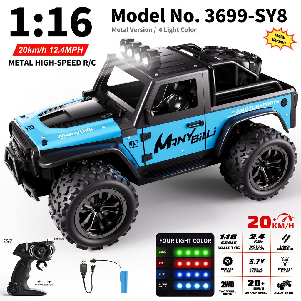 1:16 Scale Metal Remote Control Cars 2WD High-Speed RC Vehicle 20Km/H 2.4Ghz With Light RC Car For Kids Boys Gifts