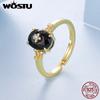 WOSTU 925 Sterling Silver Gold Plated Ring with Black Onyx Stackable Star Open Rings Minimalist Jewelry for Women Party Gift