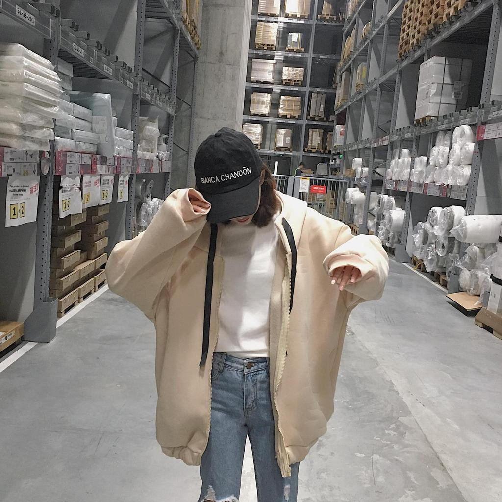 2020 Korean Style Thick Fleece-Lined Hooded Zip-Up Mid-Length Sweatshirt Jacket for Women