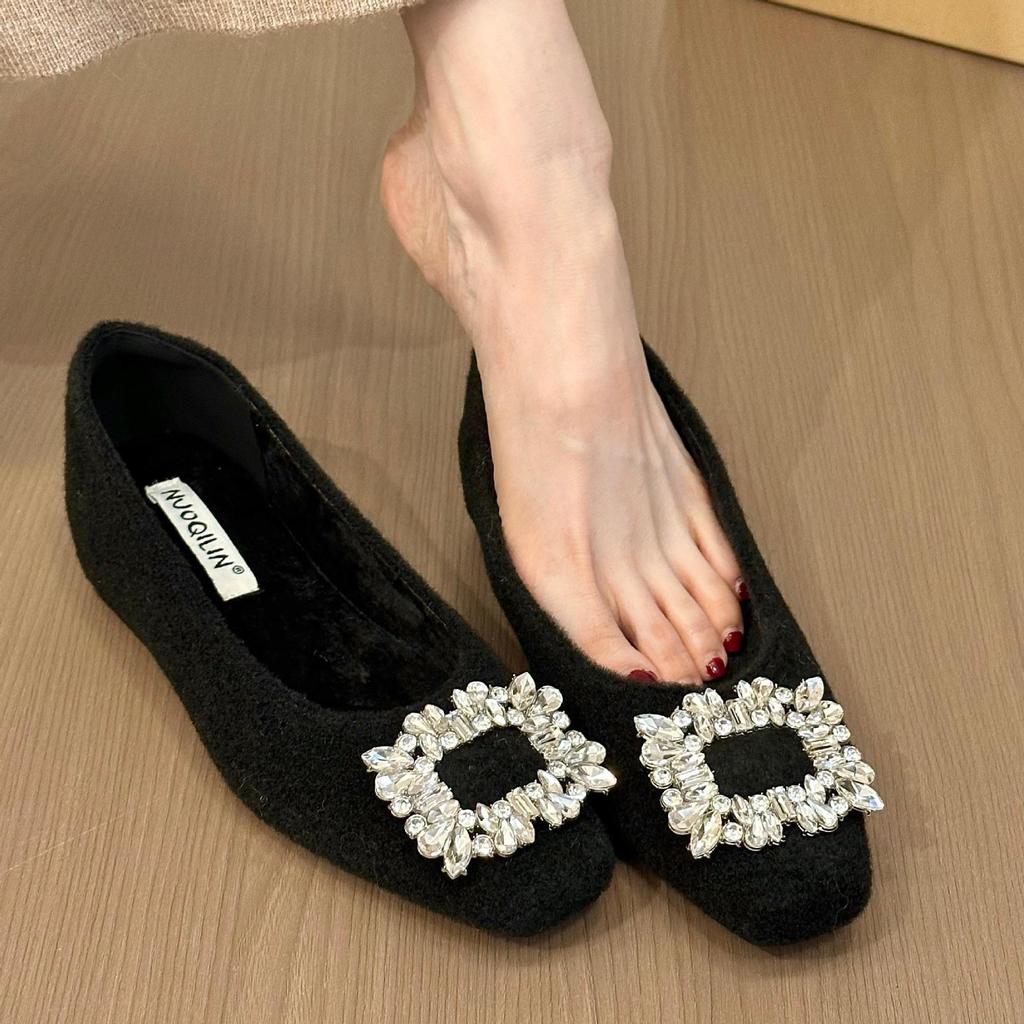 Titing gray series Oni temperament woolen square head rhinestone square buckle inner height-increasing single shoes women's autumn velvet single shoes