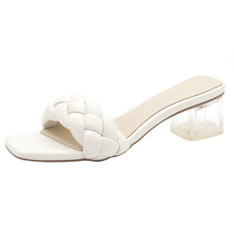 Модные прозрачные туфли на высоком каблуке, сексуальные женские тапочки, новые летние туфли, квадратный каблук, плетение, квадратный носок, женские кожаные туфли