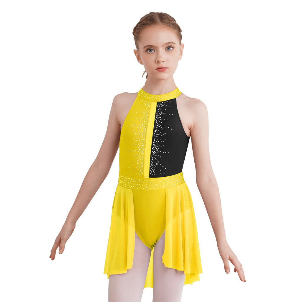 Girls Lyrical Dress Shiny Rhinestone Decor Sleeveless Irregular Hem Dance Leotard Dress Kids Dancewear
