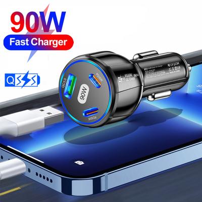 Автомобильное зарядное устройство USB мощностью 90 Вт с 3 портами PD Type C для быстрой зарядки iPhone 14 13 Xiaomi Samsung, адаптер для быстрой зарядки от прикуривателя
