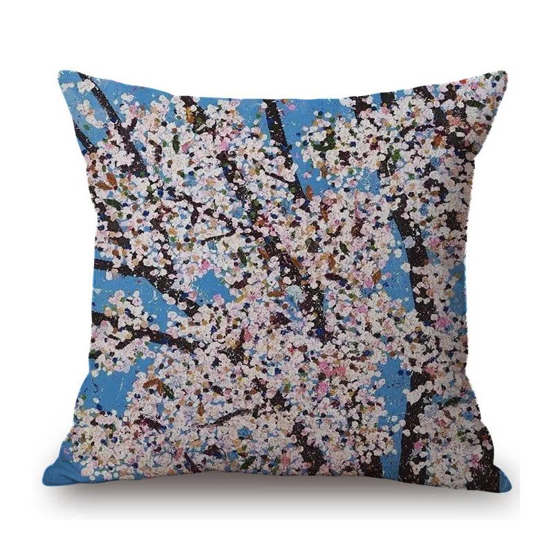 Oil Painting Flower Tree Blossom Pink Floral Cottton Linen Sofa Throw Pillow Case Home Decorative Cushion Cover