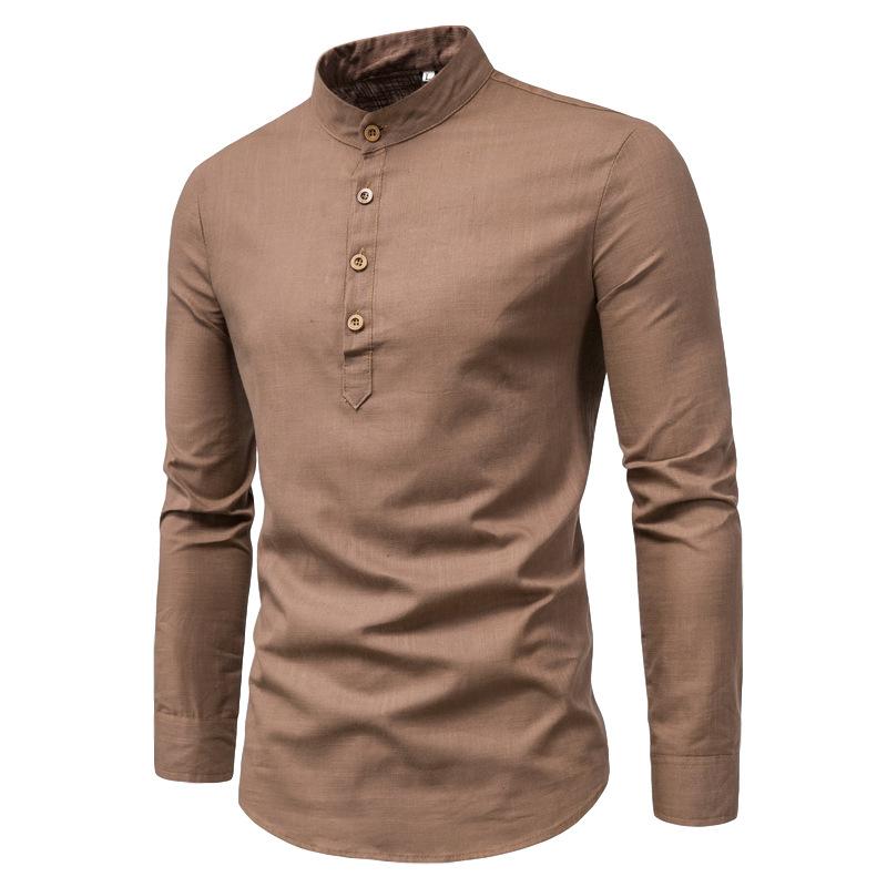 Весенне-осенняя мода Slim Fit Однотонная с длинным рукавом Мужская одежда Деловая Стойка воротник Хлопок Лен Универсальные Шикарные рубашки