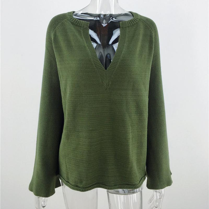 IHUASU Women's Autumn and Winter Solid Colour Pullover Jumper Temperament Commuter V-neck Large Size Loose Knit Sweater