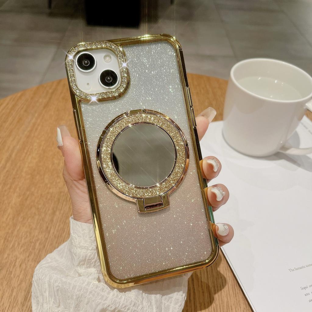 Подходит для iPhone15promax Зеркальная магнитная подставка, Чехол для телефона, Вспышка для объектива iPhone 14, 13 Градиентный глиттер