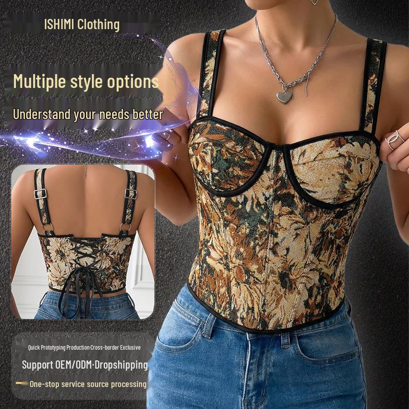 Leopard Print Lace-Up Jacquard Corset Top