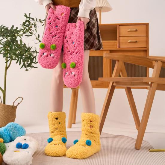 1 Pair Women Socks Cartoon Pattern Thickened Warm Knitting Socks Non-Slip Plush Pilling Resistant Floor Socks