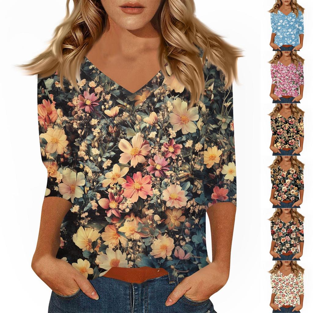 Women's Tops Three-quarter Sleeve Shirt V-neck Loose Casual Shirt Print T-shirt