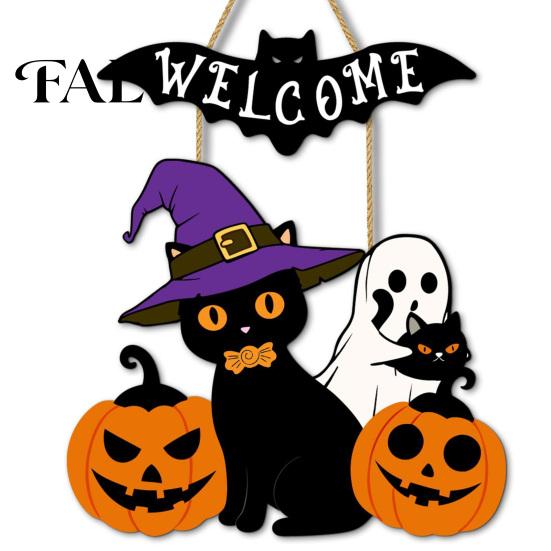 Pumpkin Wall Plaque Halloween Wooden Welcome Door Sign, Ghost Bat Hanging Decor Sign for Yard, Home Party Entrance Rustic Wood Art