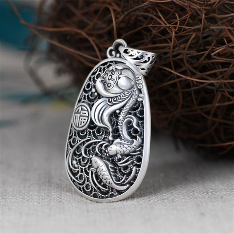 Ретро-свитер-цепочка, серебряное ожерелье 925 пробы, женское благословение, аксессуары, полая капля воды, кулон в виде карпа, лотоса, женские ювелирные изделия