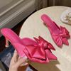 Летние женские тапочки на высоком каблуке 7 см, модные шелковые шлепанцы с бантом и бабочкой, женские туфли-лодочки с острым носком, вечерние розово-красные туфли на низком каблуке