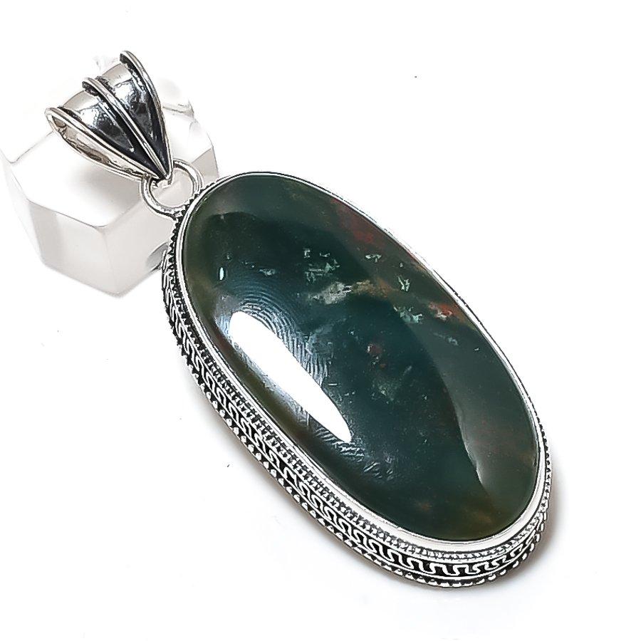 Bloodstone Gemstone Handmade 925 Sterling Silver Jewelry Pendant 2.56" t4D94