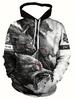 Painting Style Fierce Wolf Illustration And Letter Print Hooded Long Sleeve Sweatshirt With Kangaroo Pocket Men's Sports Hoodie