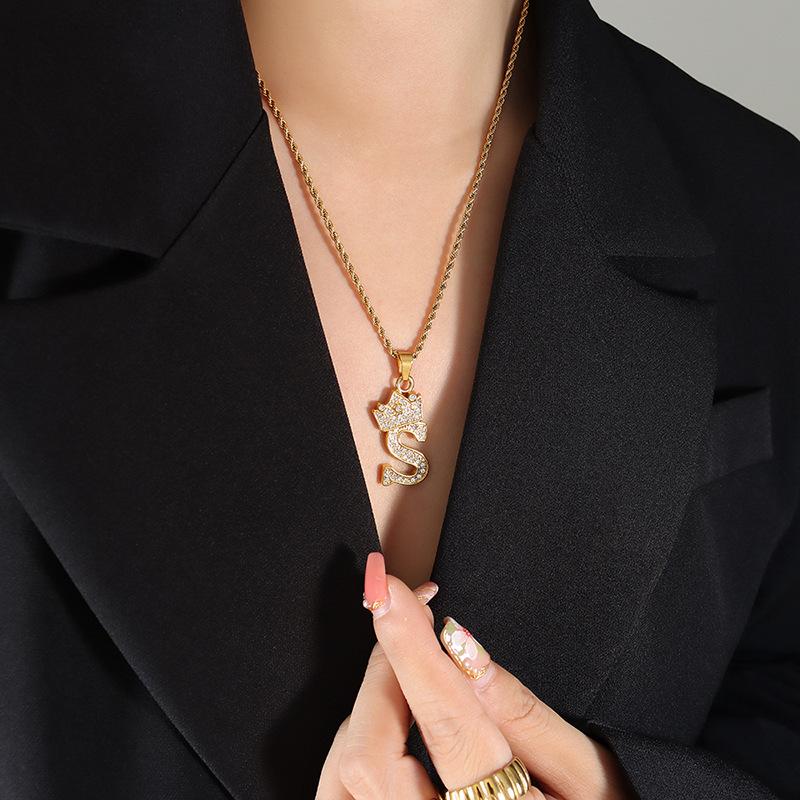 Smart Crown Necklace Korean Version Creative Fashion Design Zircon 26 Letter Pendant Gold-Plated Collarbone Chain Jewelry