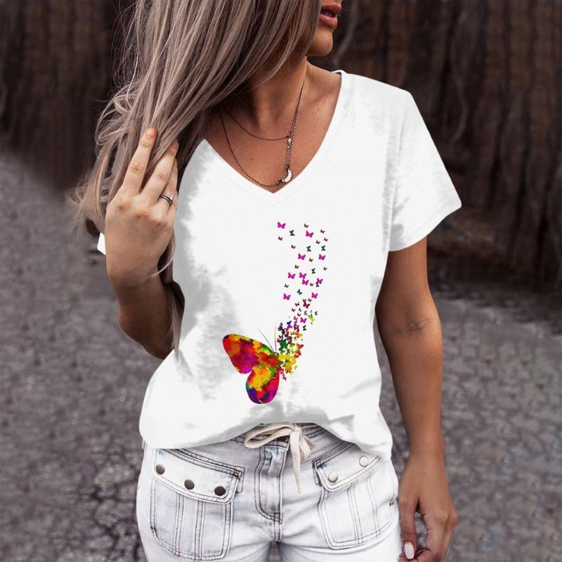 European and American Women's V-neck T-shirt Personalized Cartoon Cat Pattern 3D Printed Short Sleeve Fashion Trend Top