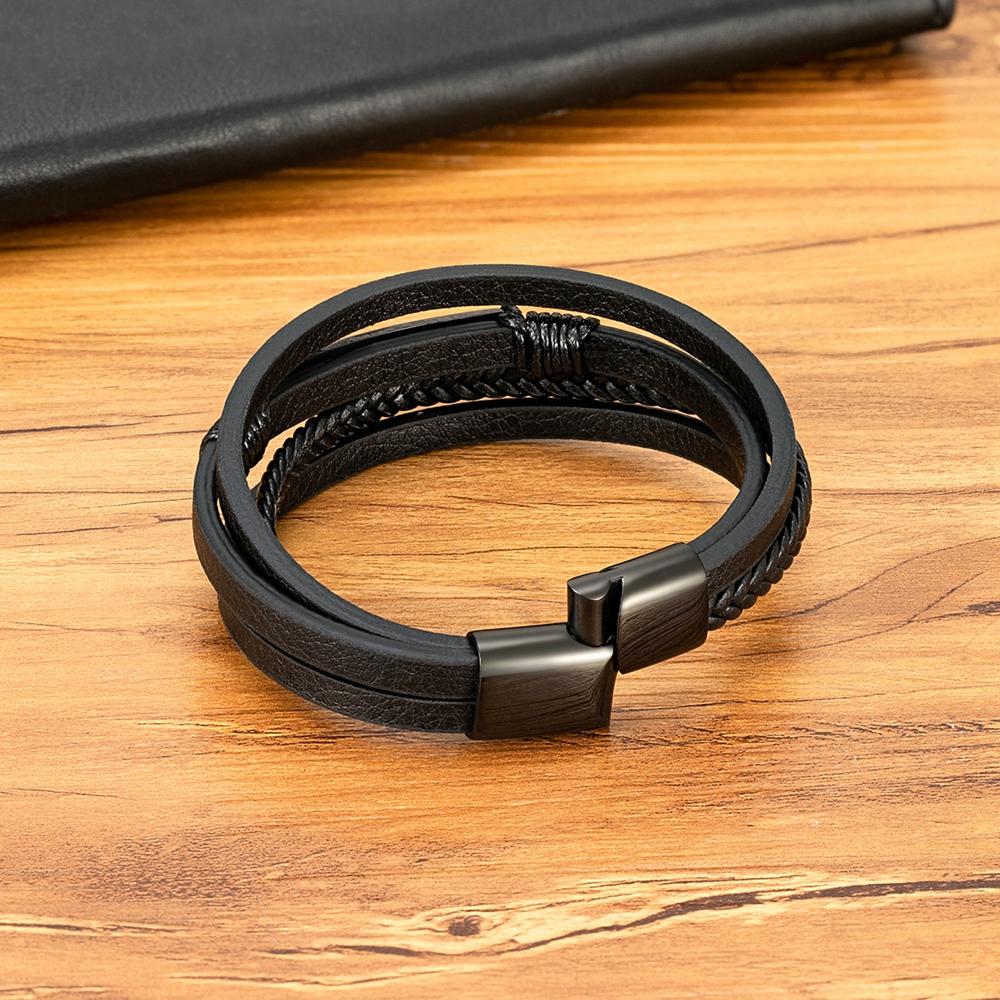 Multi-layer Braided Leather Wrap Bracelet Men Cool Trend Stainless Steel Casual Buckle Bracelet Jewelry Accessories Gift