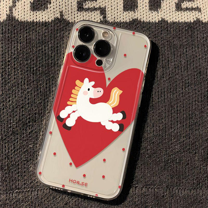 Чехол для iPhone с сердечками в горошек и лошадками: Совместим с iPhone 11/12/15/16 Pro Max/17/XS/XR, Прозрачный мягкий чехол с точными вырезами.