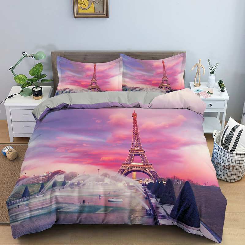 Paris Tower King Queen Duvet Cover Famous Buildings In France Bedding Set For Adults Pink Romantic 2/3pcs Polyester Quilt Cover