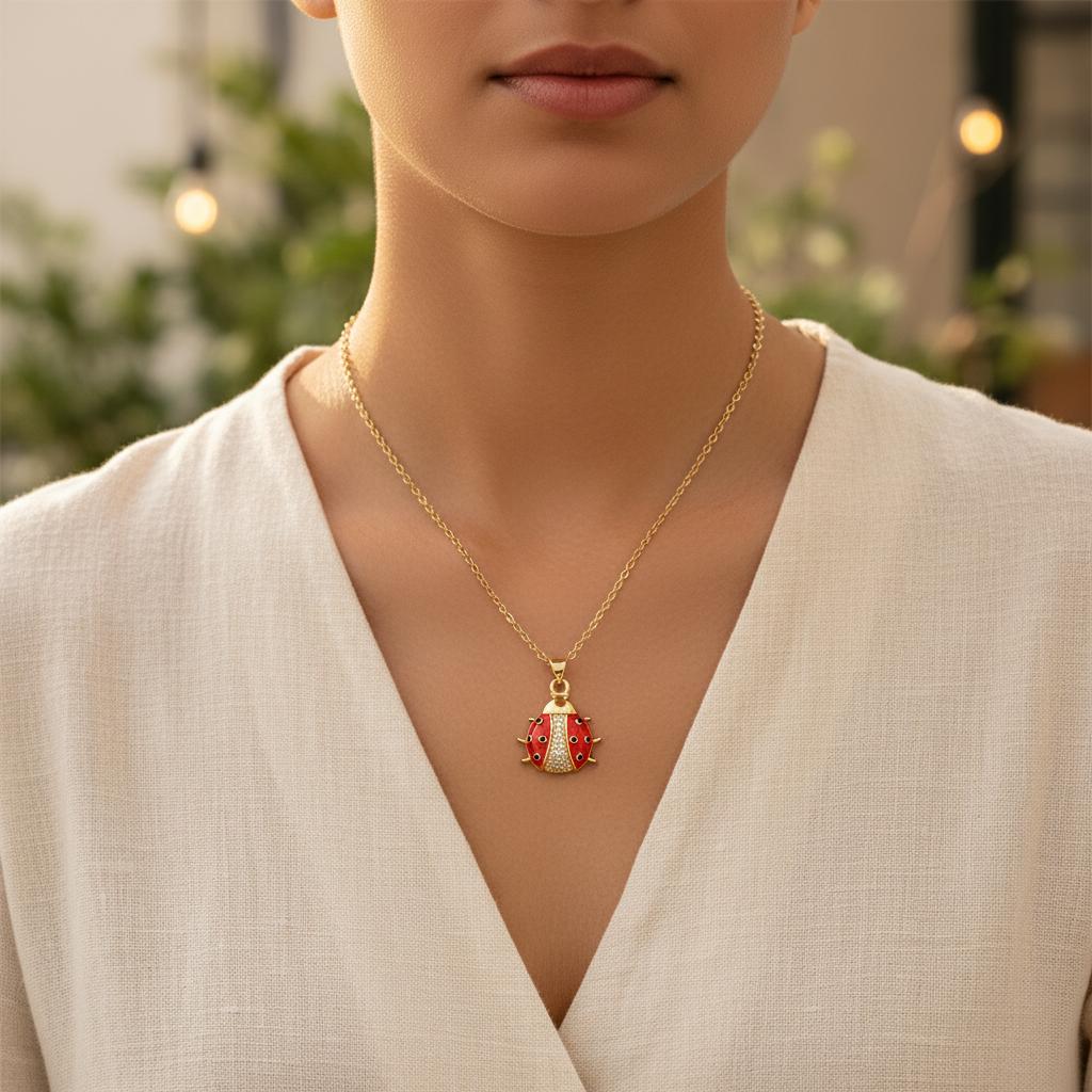 Ladybug-Pendant Necklace With Zirconia For Women Lightweight Allergy Free Jewelry Gift