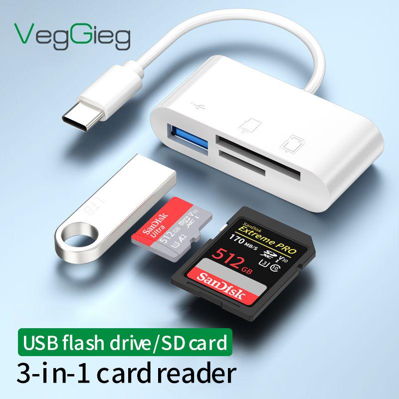 Veggieg Factory Multi Function 3 in 1 SD Card Reader OTG Extender Extension Plug Adapter Price USB Type-C Card Reader
