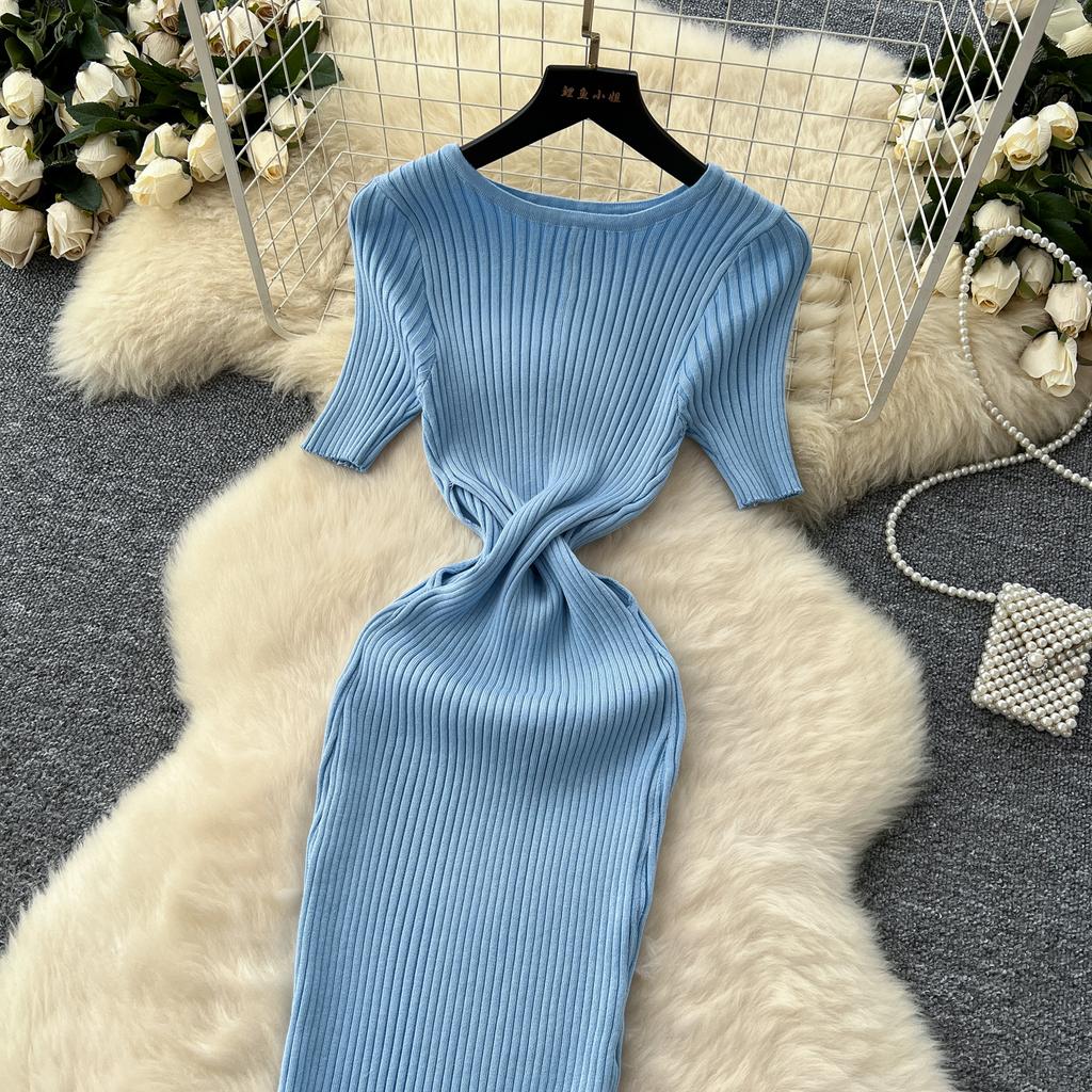 RUGOD сексуальное ажурное трикотажное платье 2025 года, облегающее, с коротким рукавом, с круглым вырезом, французское женское нежное облегающее длинное платье