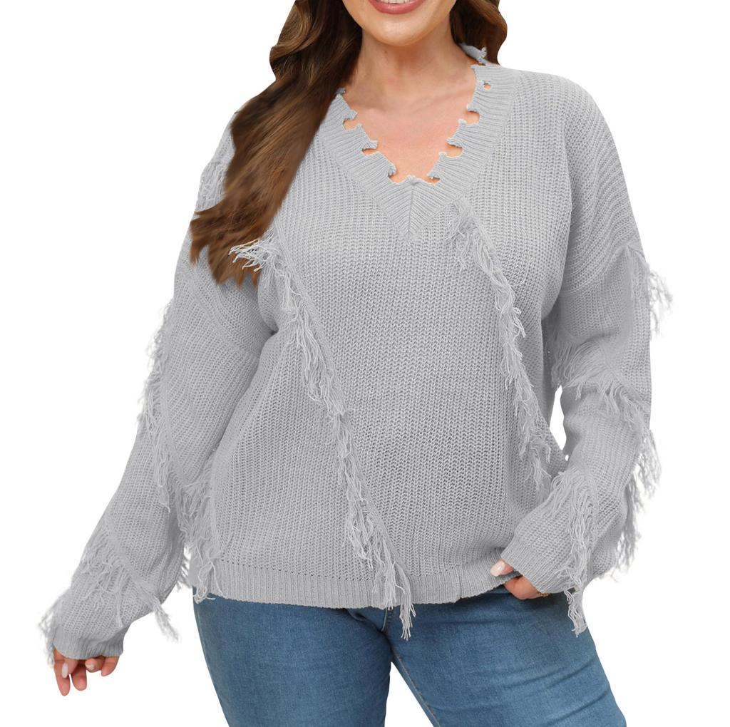 Женский большой размер осень и зима новый V-образный вырез кисточки сращивание пуловер вязаный джемпер