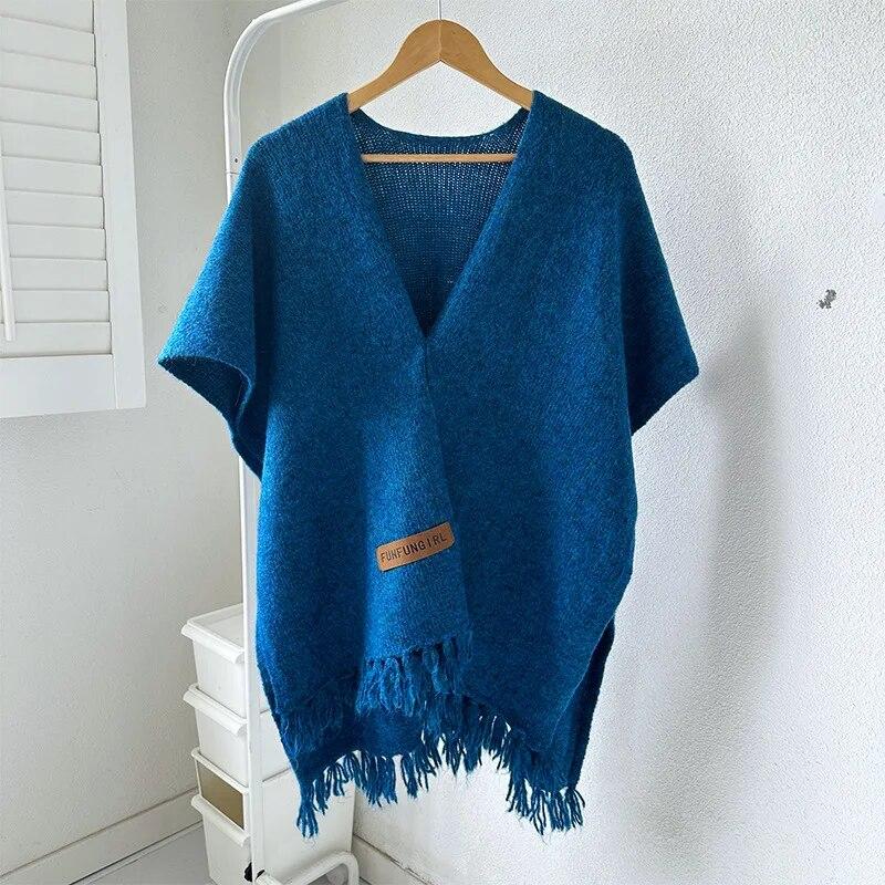 Japanese Korean Tassel Big Pendulum Cardigan Cape Autumn Loose Poncho Women Faux Cashmere Cloak Out Streetwear