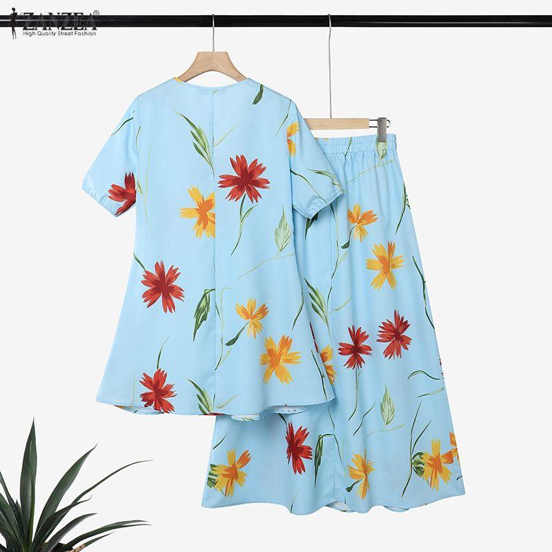 ZANZEA Women Short Sleeve Blouse and Long Skirts Floral Print Two Piece Suit Sets