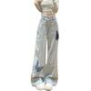High-Waisted Straight Leg Denim Pants With Embroidered Butterfly Distressed Wash Loose Fit Streetwear Style