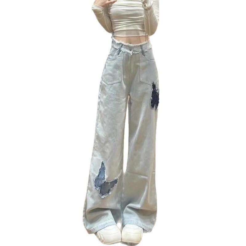 High-Waisted Straight Leg Denim Pants With Embroidered Butterfly Distressed Wash Loose Fit Streetwear Style