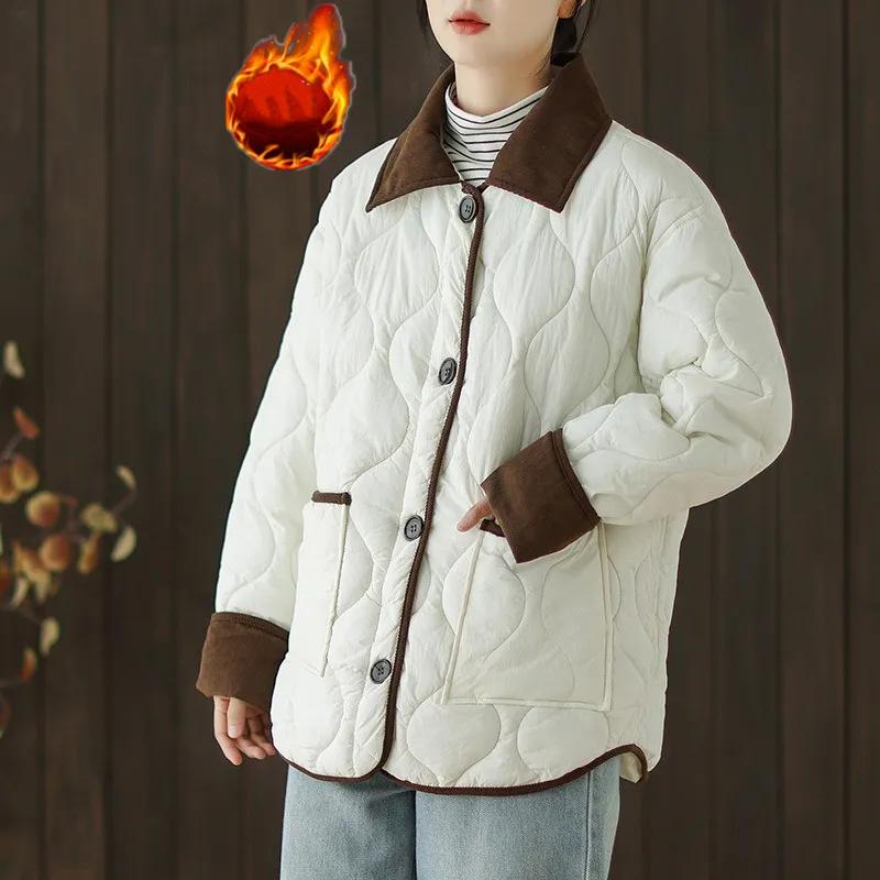 Women's Autumn and Winter Casual Lapel Thickened Warm Coat Lightweight Diamond Quilted Color-Block Jacket