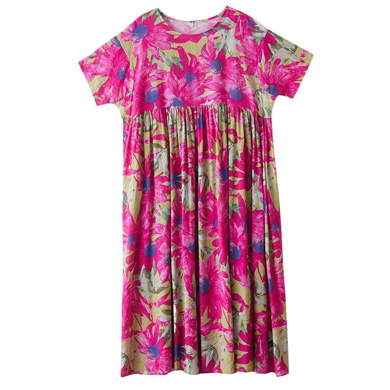 Простое богемное длинное платье лето новое для полных с коротким рукавом круглый вырез принт с женской одеждой