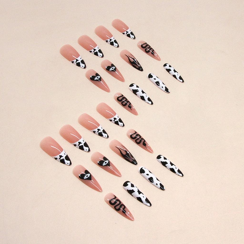 Cow-Stripes Long Almond Fake Nails INS Trendy Sweet Cool Patterns Nails for Manicure Lover Daily Home DIY