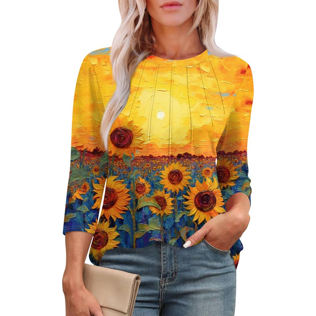 Women's Casual Round Neck Slim Sunflower Print Pleated Seven Sleeve Top