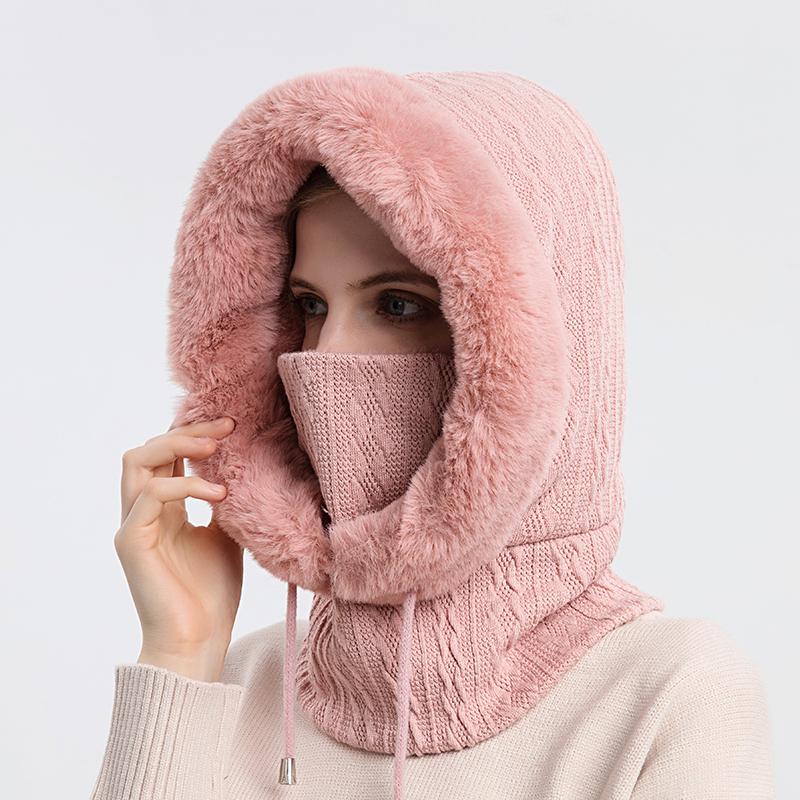 Hat Soft Winter Fur Cap Mask Set Hooded for Women Knitted Cashmere Neck Warm Balaclava Bicycle Hat Thick Plush Fluffy Ski Windproof Hat