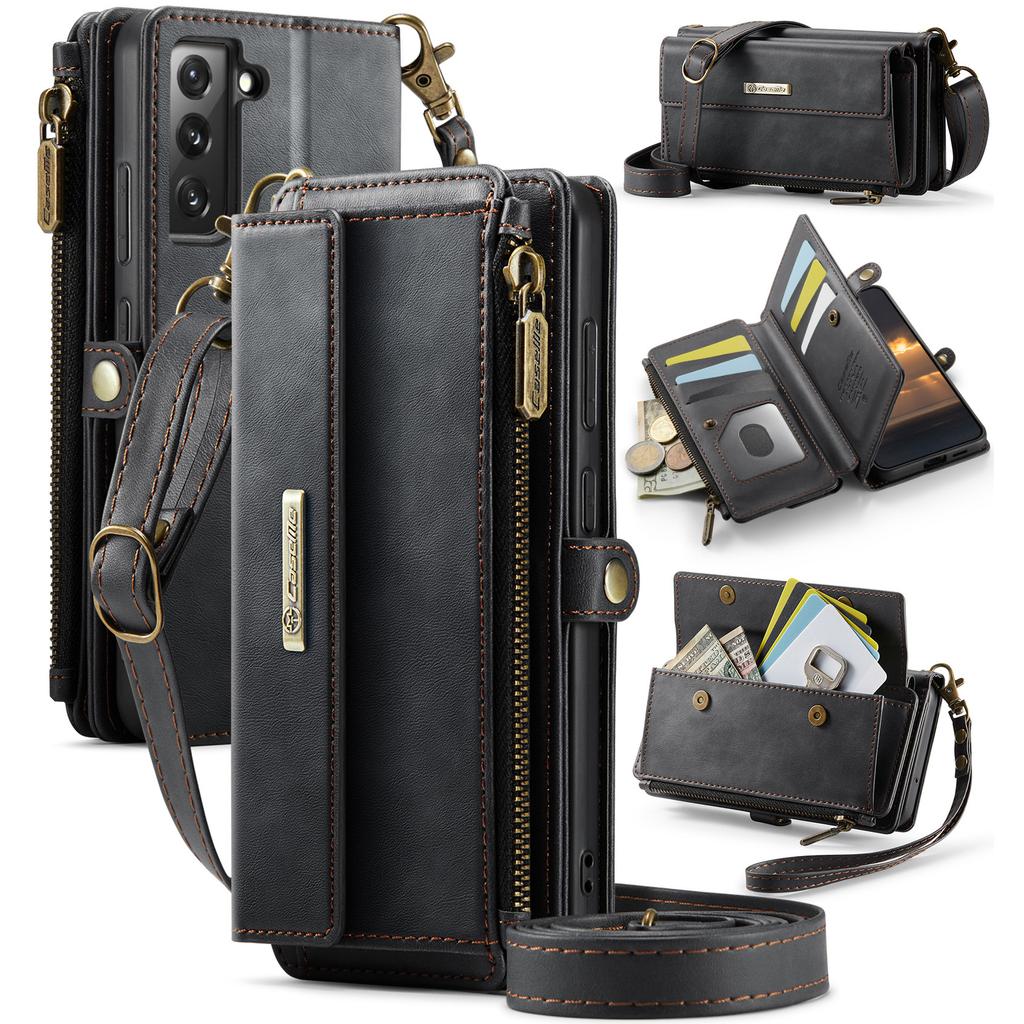 For Samsung Galaxy S22+ 5G Case CASEME C39 RFID Blocking Zipper Wallet Stand Leather Cover with Strap