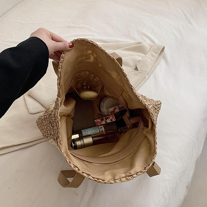 Yogodlns Летняя пляжная полая соломенная женская сумка на плечо, винтажная сумка с верхней ручкой, большая вместительная сумка из ротанга