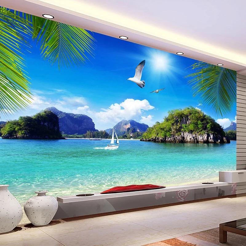 3d Природа Обои Синий Океан Морской Пейзаж Пляж Фотообои Гостиная Диван Спальня 3d Настенная Роспись Домашний Декор