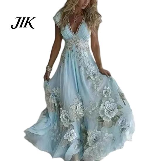 A-line Silhouette Dress Summer Floral Maxi for Women Short Sleeve V Elegant Printed Neck Swing Beach Vacation Sundress Lightweight