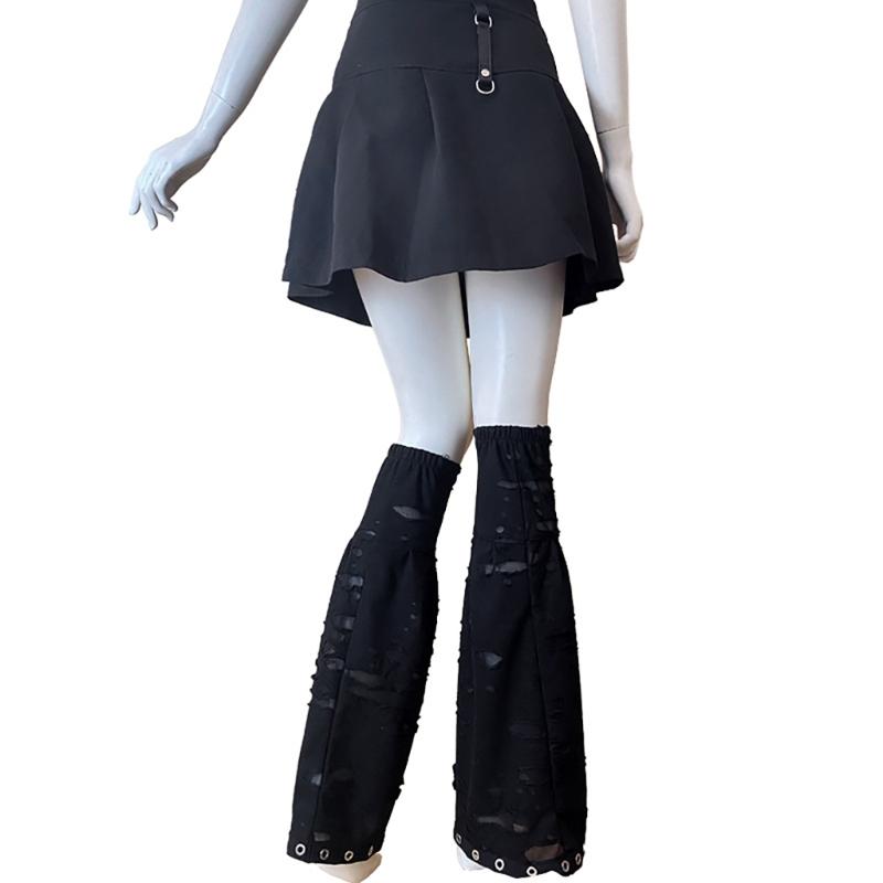 Women Punk Lace Up Straps Flared Leg Warmers Japanese Harajuku Eyelets Knee Length Foot Cover Long Tube Socks Streetwear