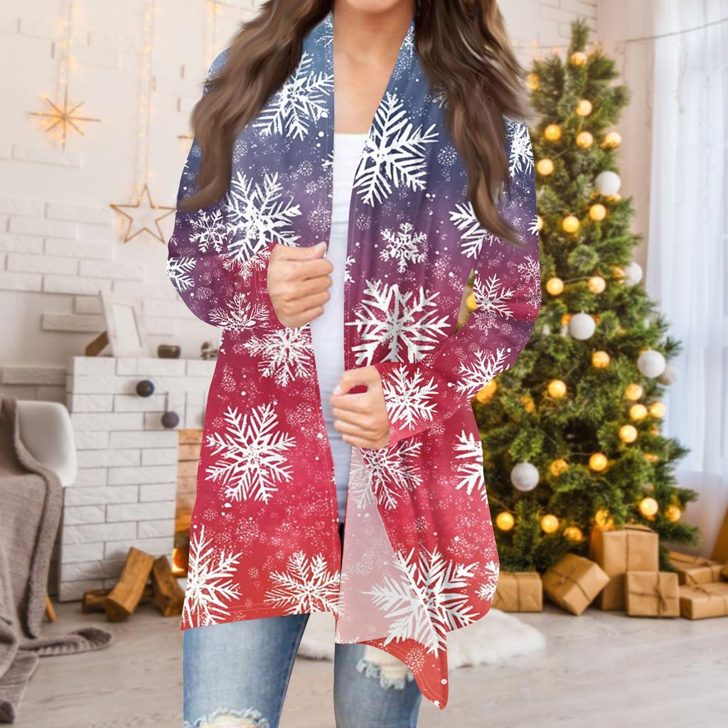 Женская мода повседневная рождественская печать средней длины кардиган куртка пальто