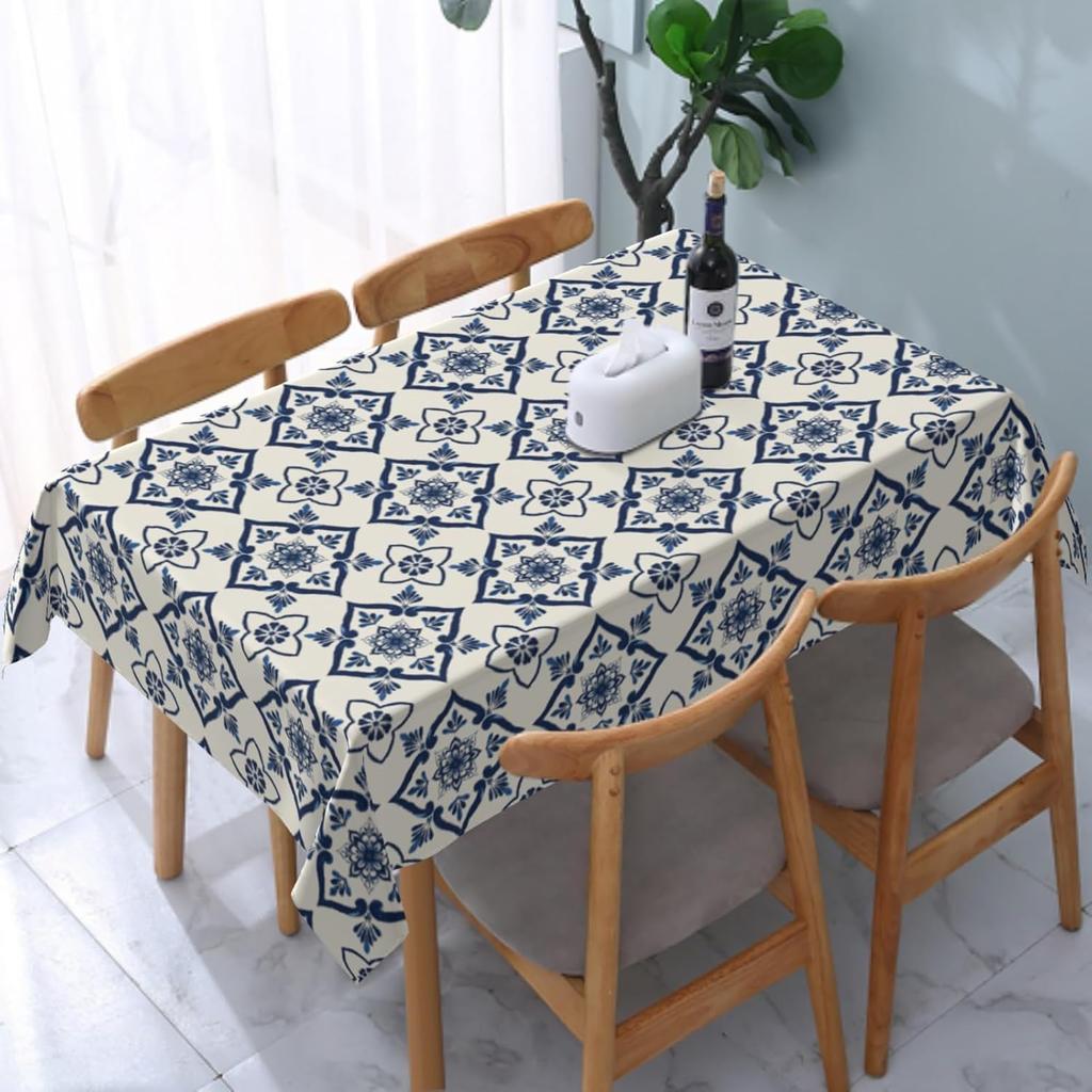Floral Tile Tablecloth Blue White Morocco Style Rectangle Wrinkle Free Washable Cover for Picnic Kitchen Dining Room